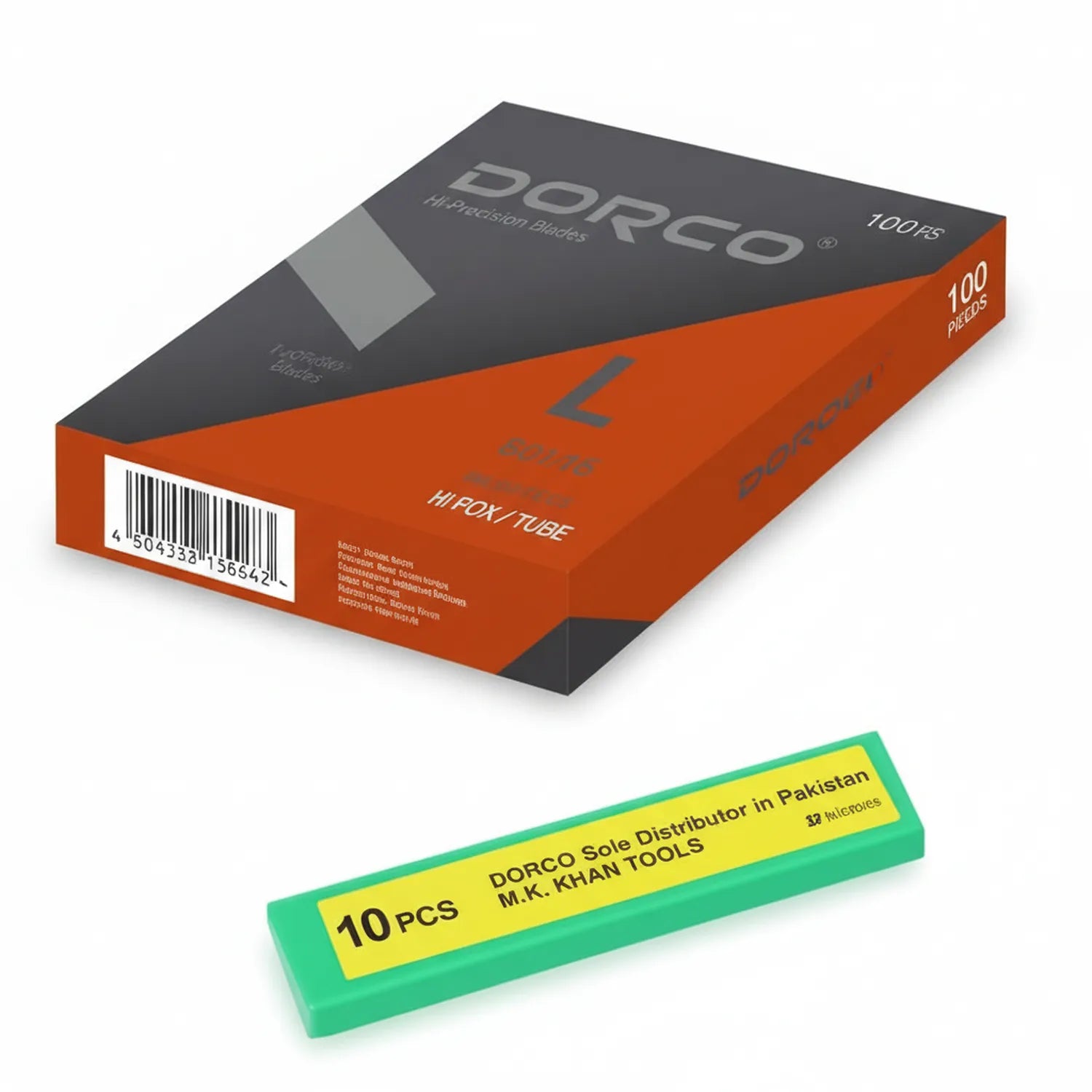 Dorco Hi-Precision Cutter Blades 100-piece box with orange packaging and green blade holder showing 10 pcs included