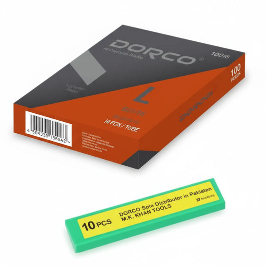 Dorco Hi-Precision Cutter Blades 100-piece box with orange packaging and green blade holder showing 10 pcs included