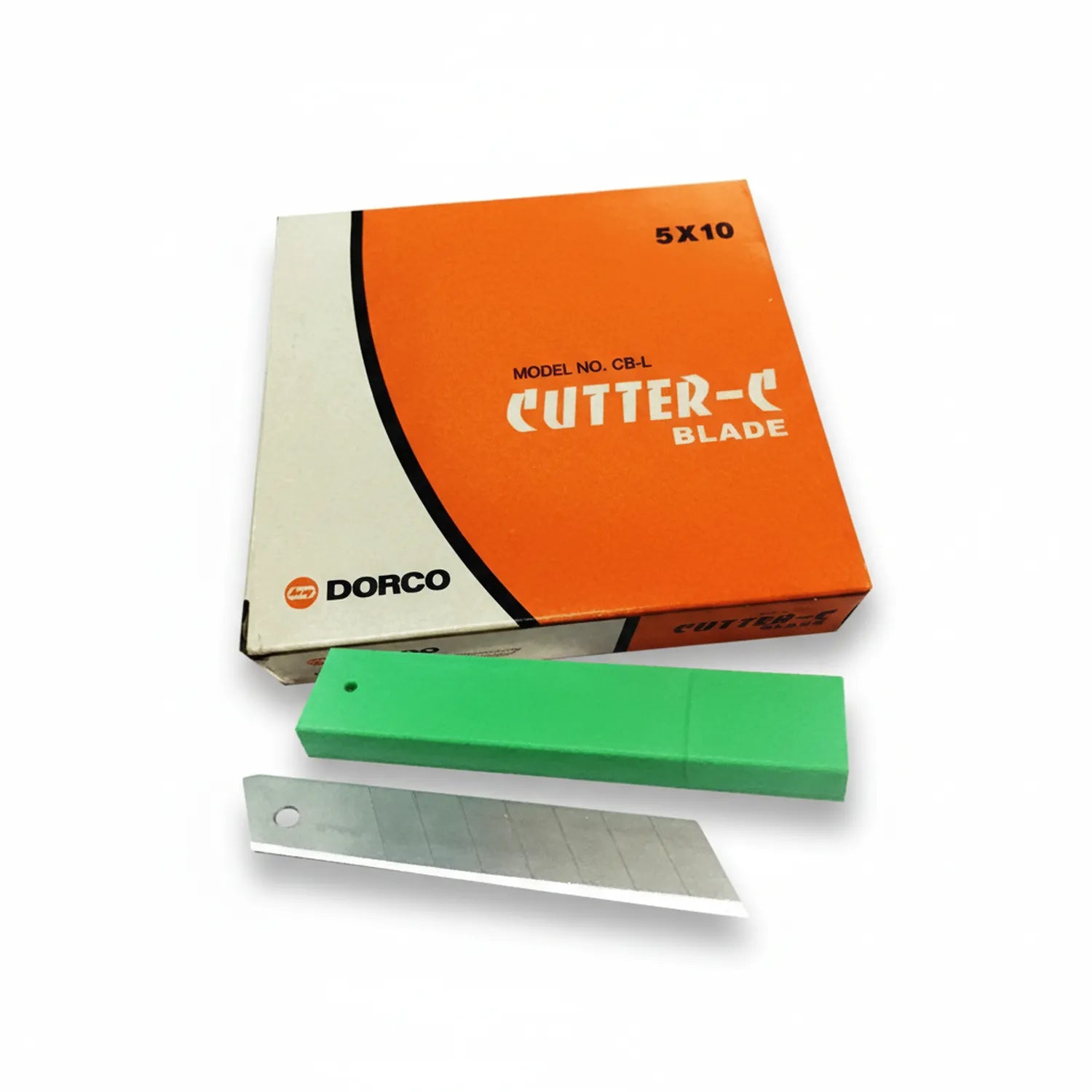 Dorco CB-L Cutter Blade 5x10 pack with orange box, green polymer blade holder, and sharp stainless steel replacement blade