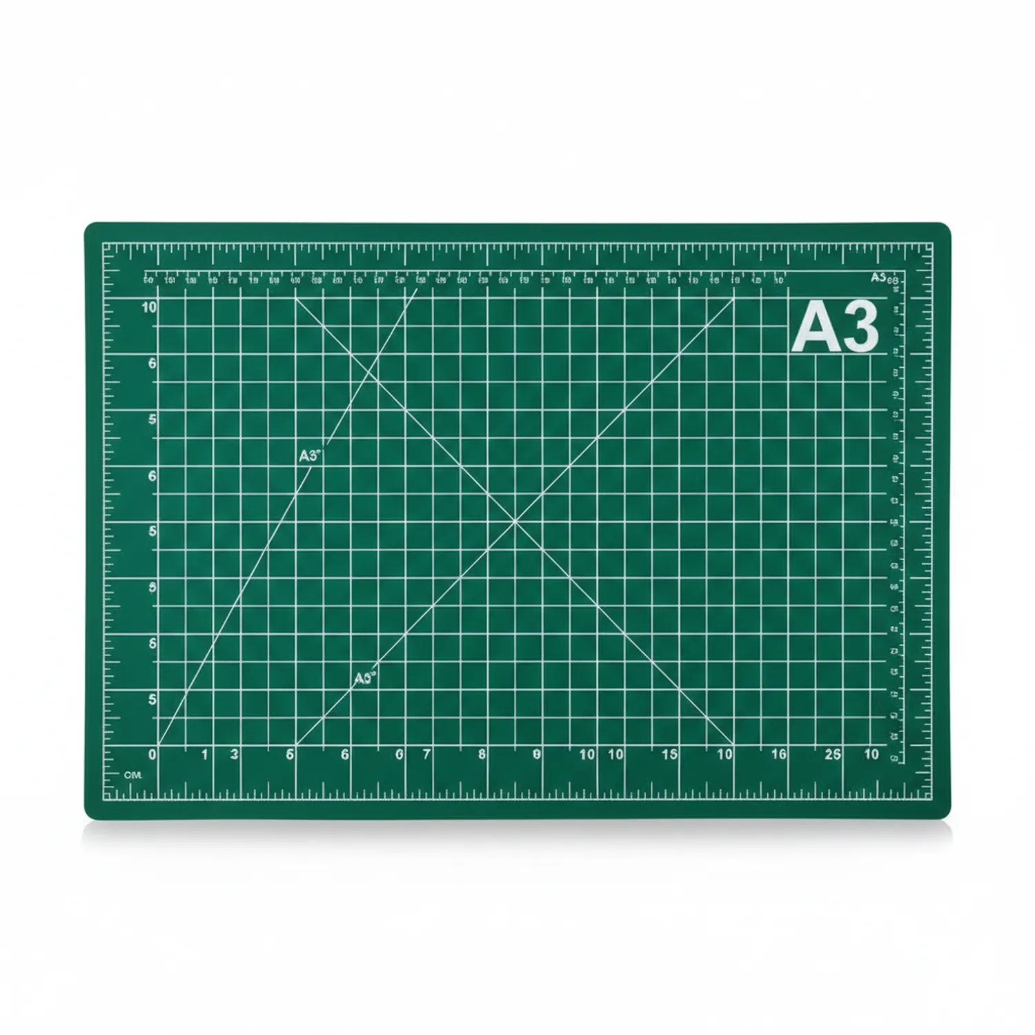 A3 green self-healing cutting mat with grid pattern, ruler markings, diagonal lines, and angle guides for precision cutting projects