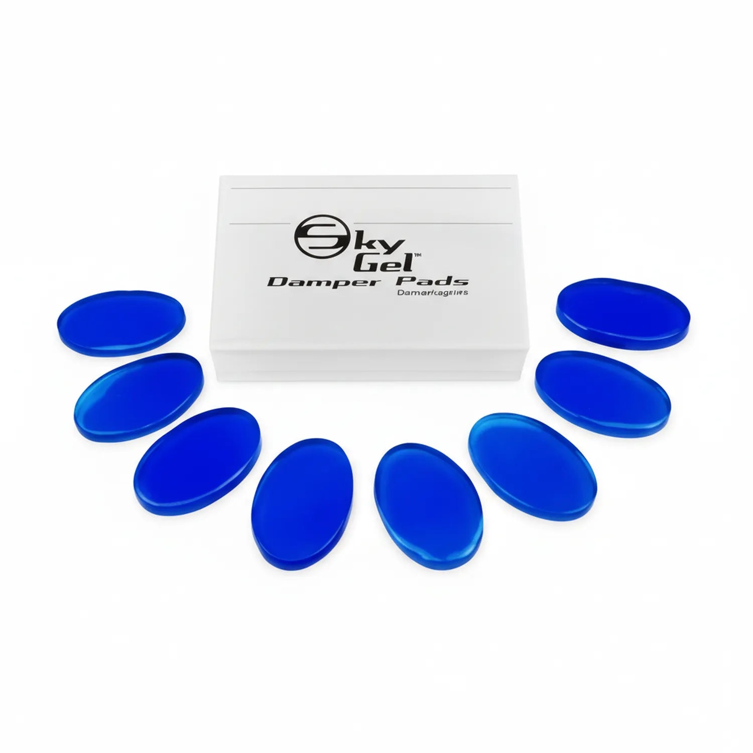 Oky Gel Damper Crystal Pads set with 8 blue oval gel pads arranged around white product box with branding