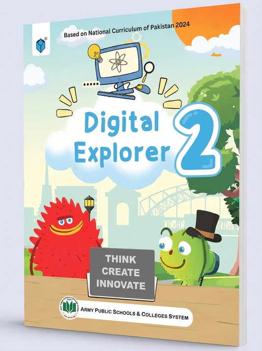 Digital Explorer Book 2 textbook cover with cartoon characters and digital learning graphics, based on National Curriculum of Pakistan 2024
