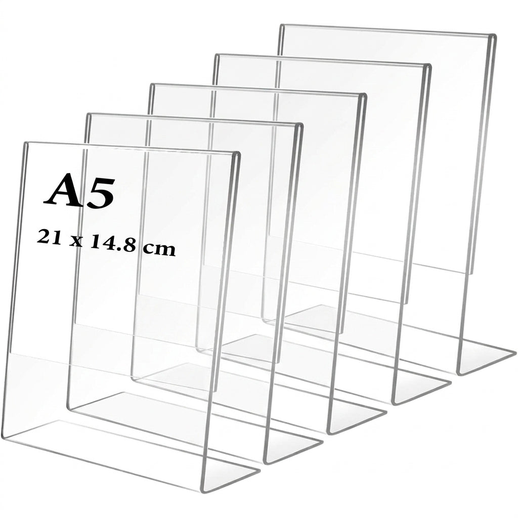 Five clear acrylic A5 display stands with metal bases arranged in descending height, labeled 21 x 14.8 cm
