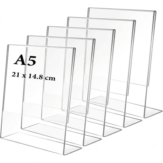 Five clear acrylic A5 display stands with metal bases arranged in descending height, labeled 21 x 14.8 cm
