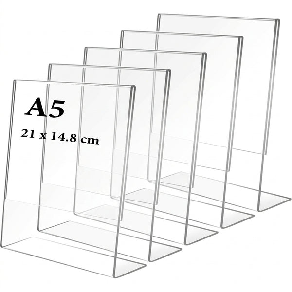 Five clear acrylic A5 display stands with metal bases arranged in descending height, labeled 21 x 14.8 cm