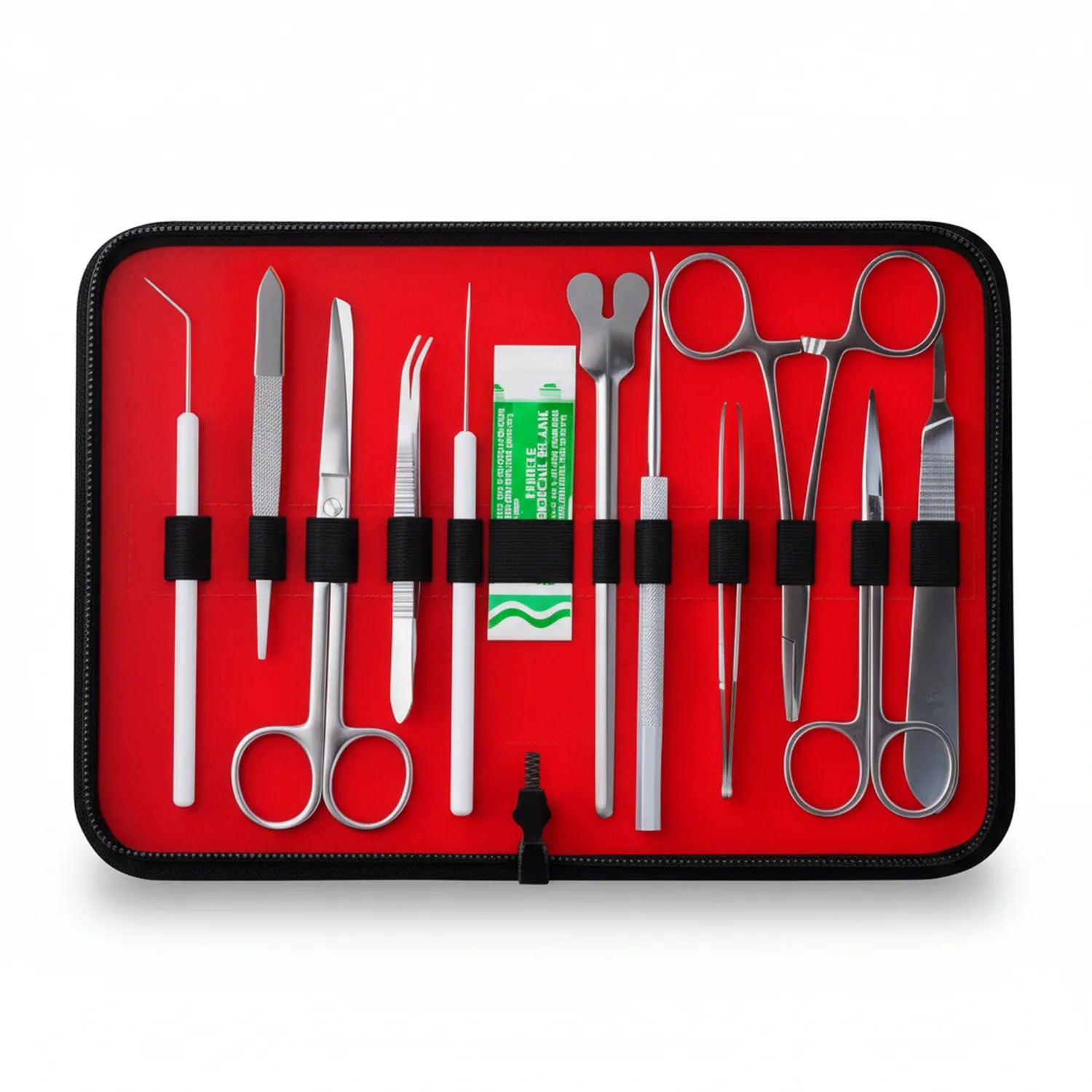 Dissection Kit Red L - 16-piece professional surgical instrument set in red carrying case with stainless steel tools and black handles