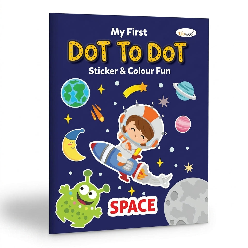 My First Dot to Dot Sticker & Colour Fun - space themed activity book with astronaut, alien, planets, and stars on dark blue cover