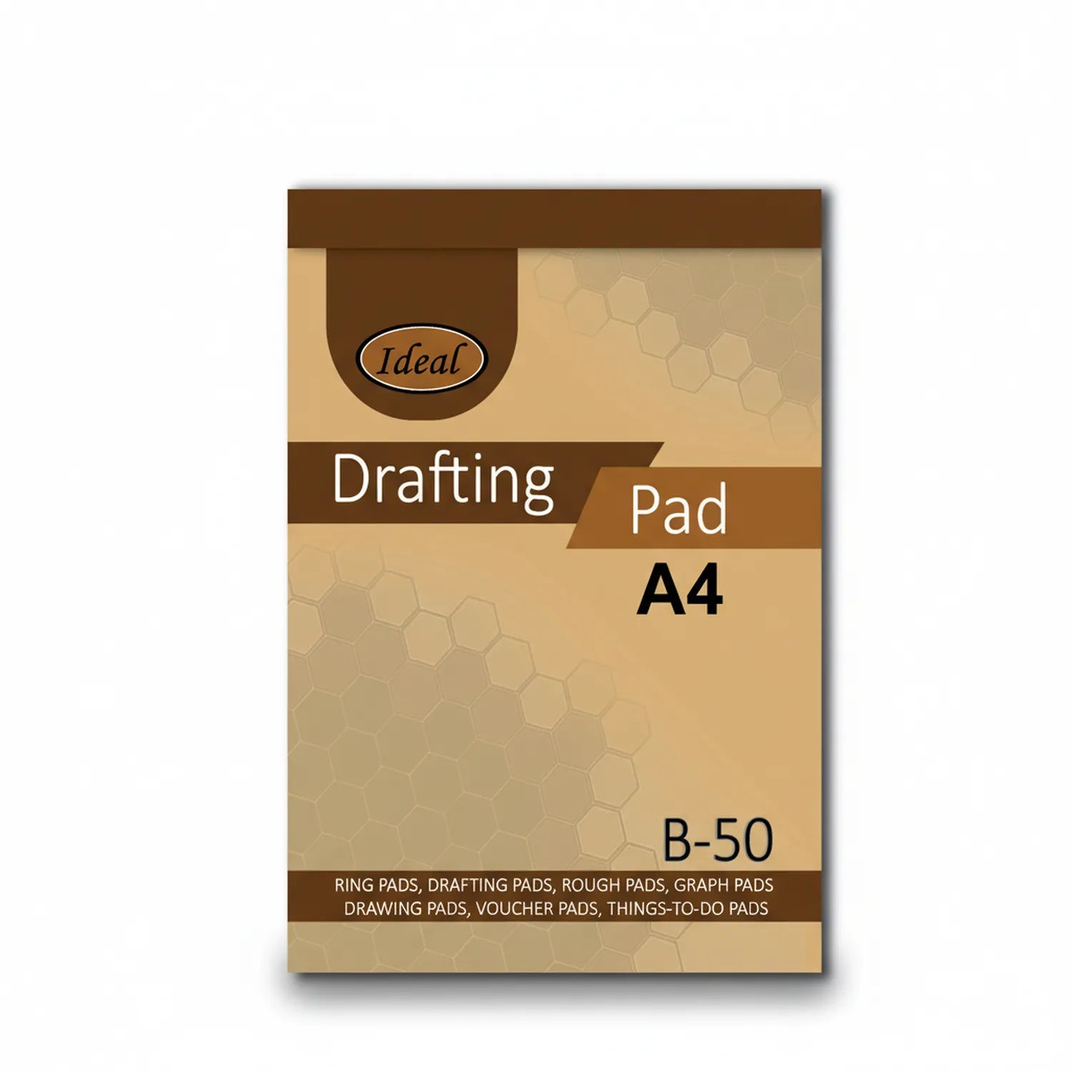 Ideal Drafting Pad A4 B-50 package with 50 sheets of beige drafting paper, brown and tan packaging design with honeycomb pattern