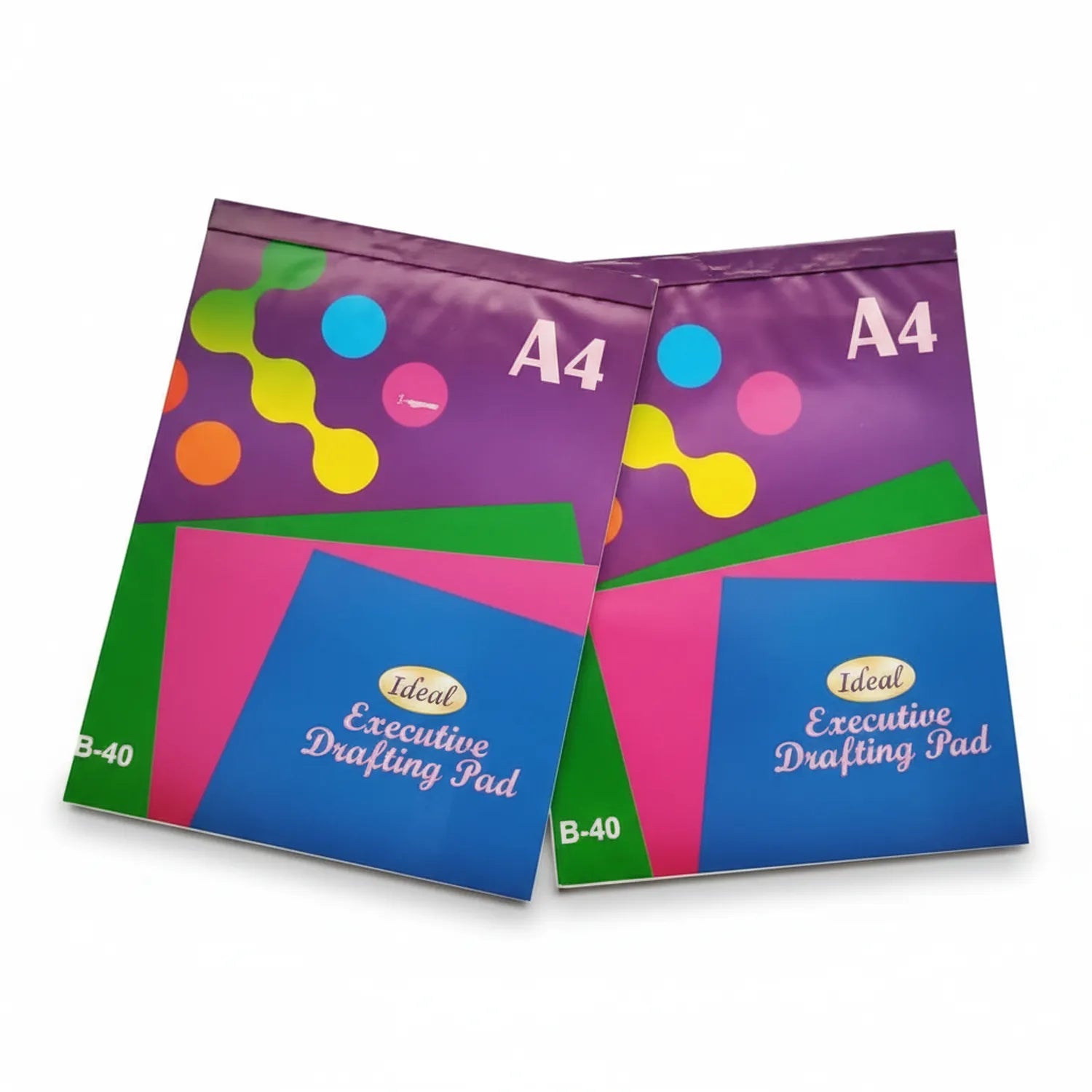 Ideal Executive Drafting Pad B40 - Two A4 size pads shown with colorful purple, blue, pink, and green design featuring geometric shapes and circles on packaging