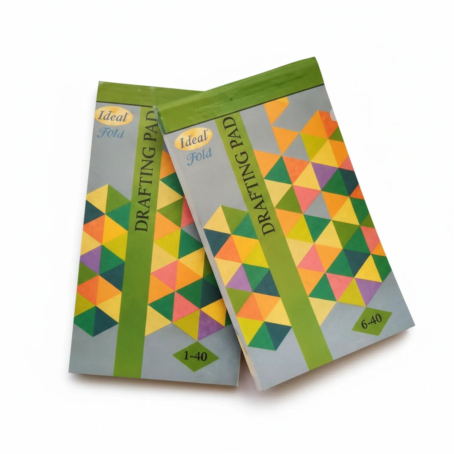 Two Ideal Fold Drafting Pad F40 notebooks with colorful geometric diamond pattern cover design, green binding, numbered 1-40 and 6-40