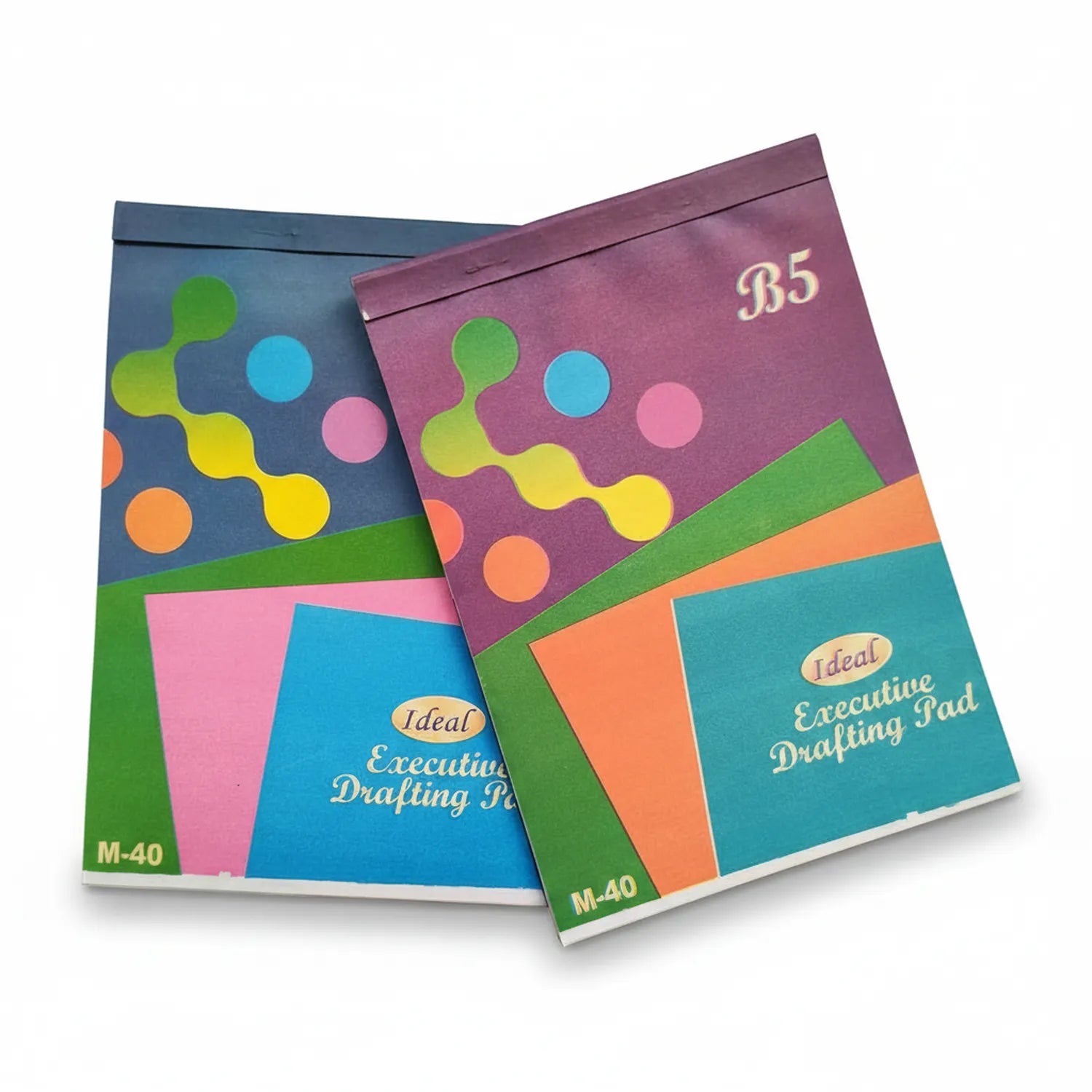 Two Ideal Executive Drafting Pad M40 notebooks in B5 size with colorful abstract designs featuring geometric shapes and circles on covers