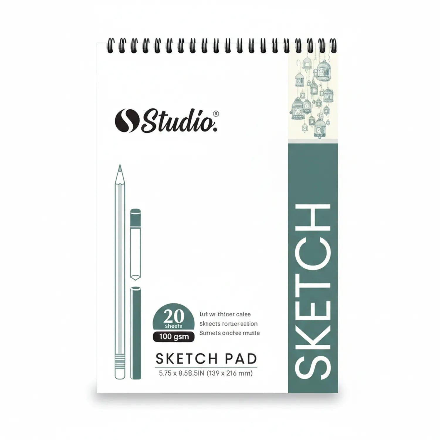 Studio Sketch Pad 20 sheets spiral-bound sketchbook with pencil and eraser, 5.75x8.58 inches, 100gsm paper weight