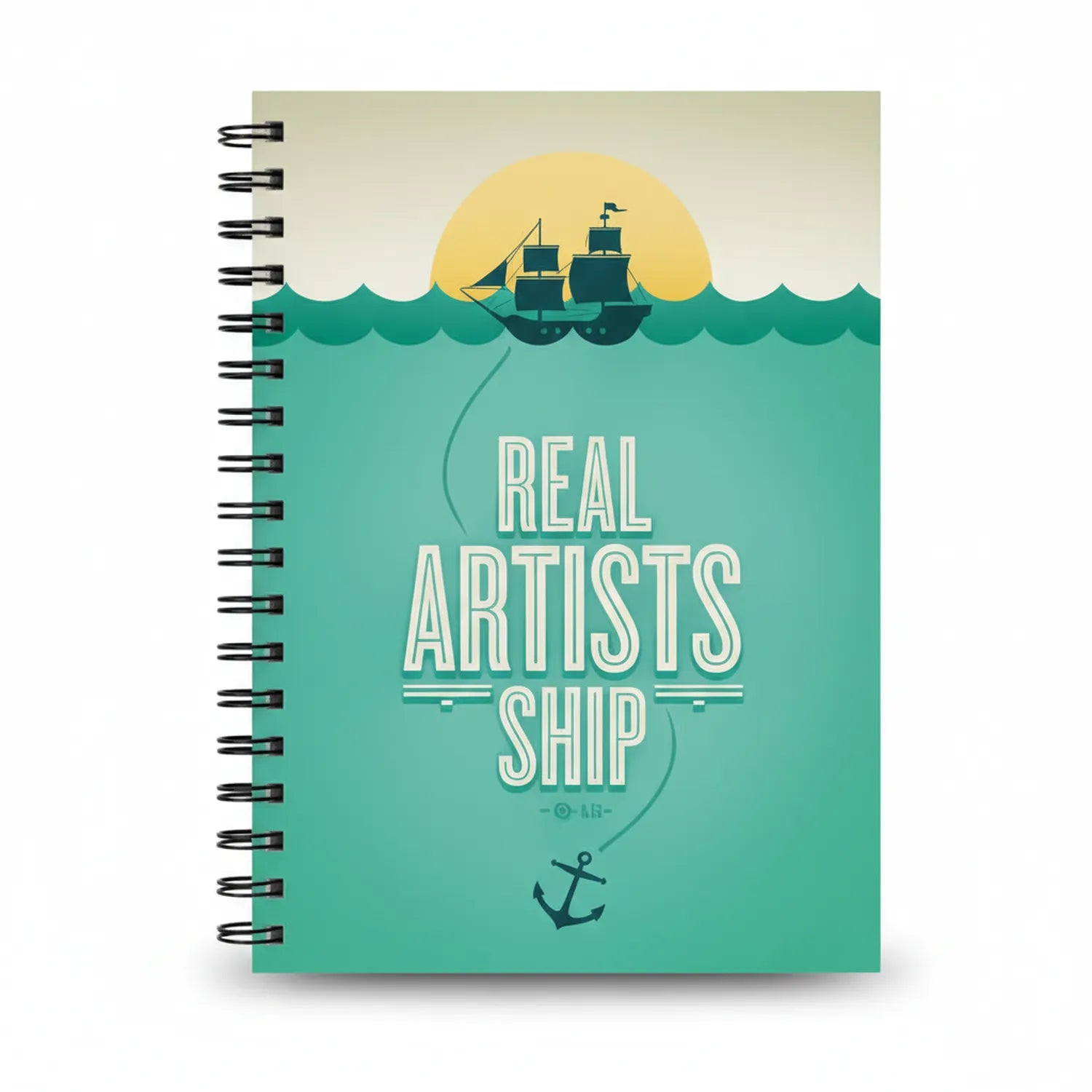 Real Artists Ship spiral notebook with teal hardcover, featuring illustrated sailing ship, yellow sun, turquoise waves, and anchor design