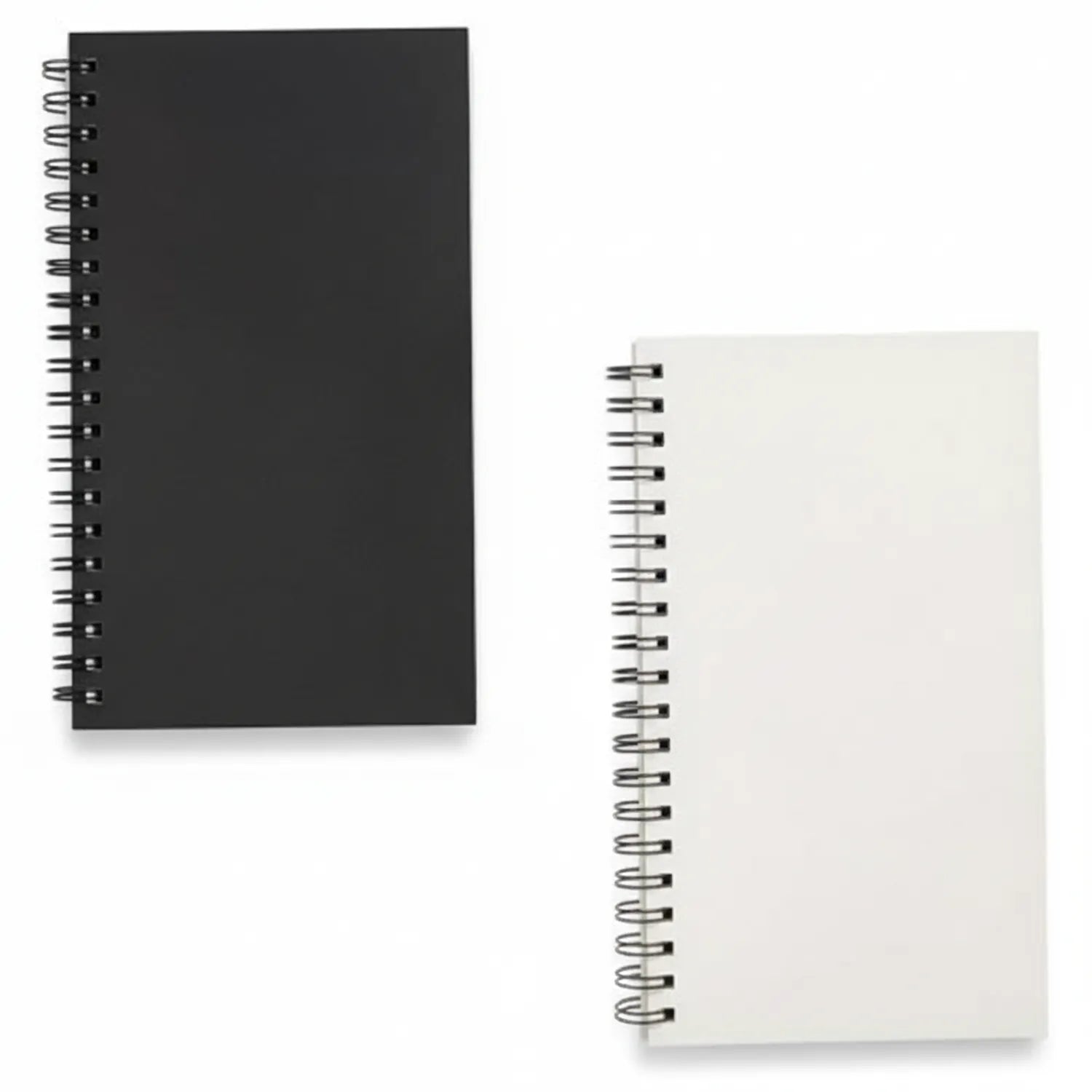 Drafting Pad Ring Exg two-pack: large black spiral notebook and smaller cream white spiral sketchpad with metal ring binding