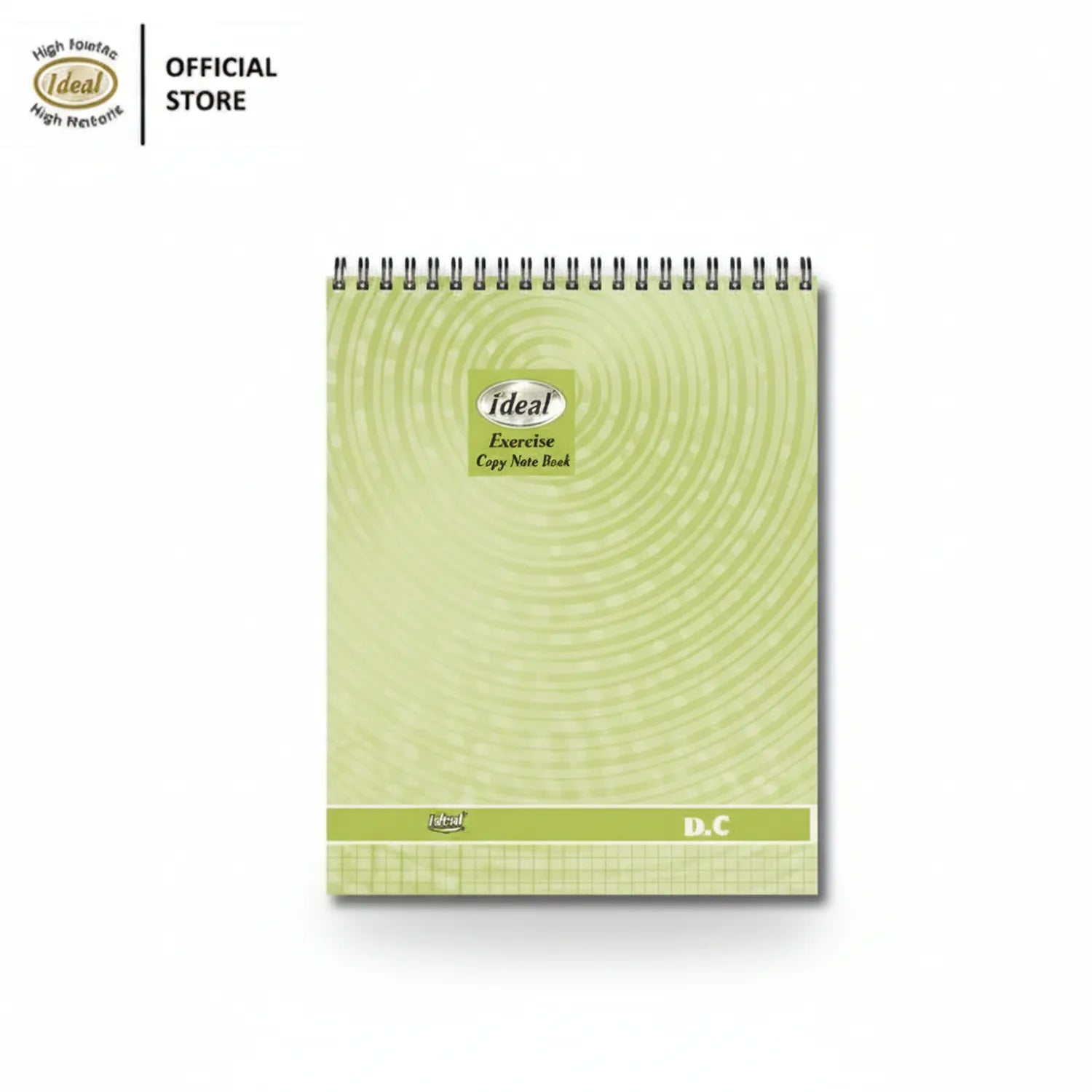 Ideal Exercise Copy Note Book D.C spiral bound notebook with lime green cover featuring concentric circle pattern and ruled grid pages