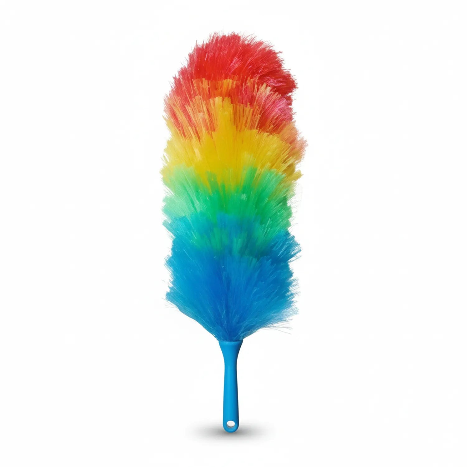 Rainbow feather duster with vibrant colors transitioning from blue to red, featuring a blue handle on white background
