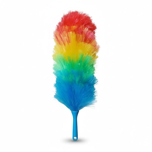 Rainbow feather duster with vibrant colors transitioning from blue to red, featuring a blue handle on white background