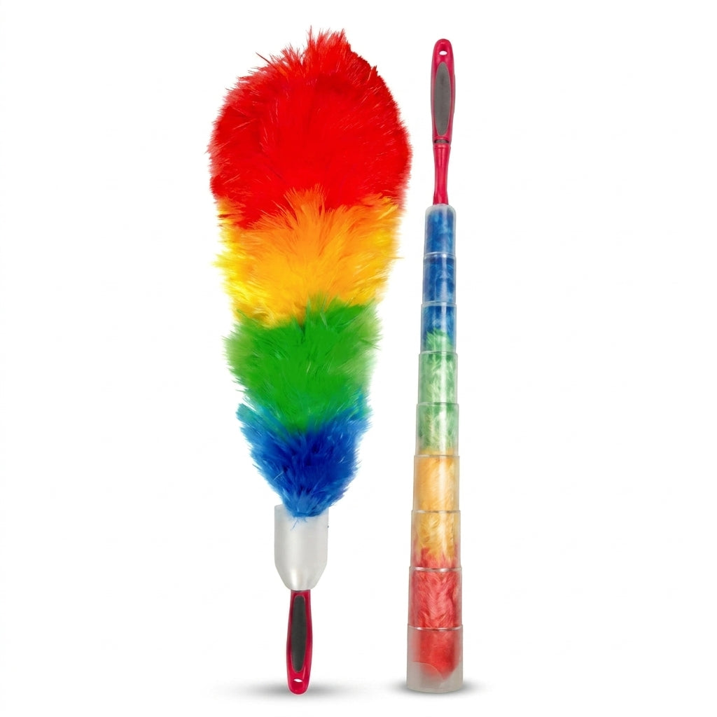 Rainbow gradient microfiber duster and matching brush with ergonomic handles against white background