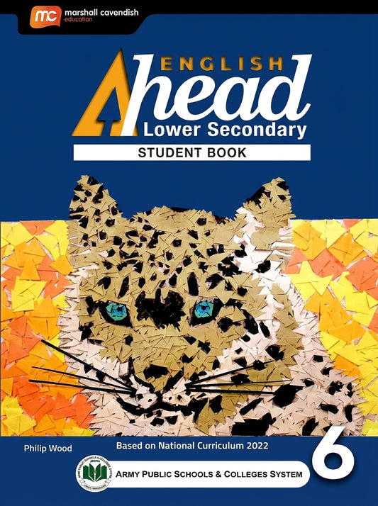 English Ahead Lower Secondary Student Book 6 with leopard face mosaic cover design in yellow, orange, and tan colors