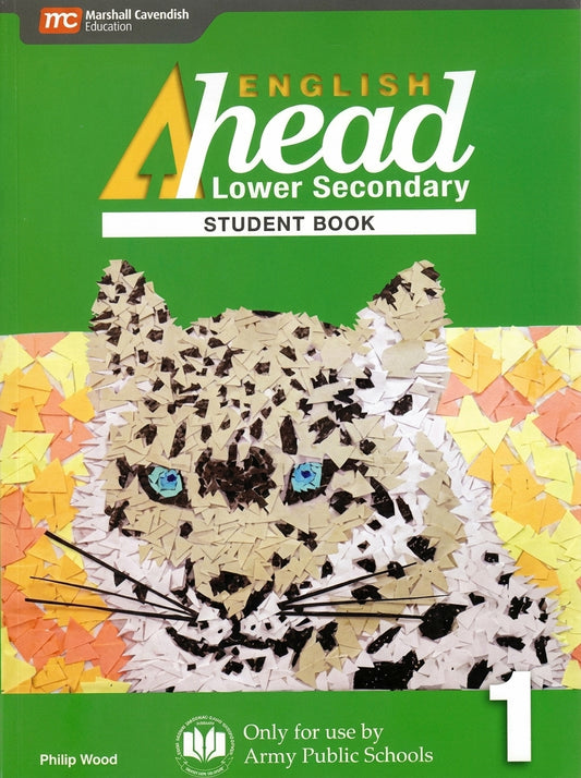 English Ahead 1 Lower Secondary Student Book with decorative cat face made of paper collage in cream, black, yellow and pink colors