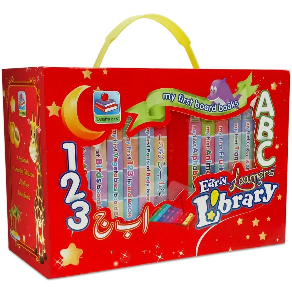 Early Learners Library ABC 123 colorful board book set in red carrying case with yellow handle, contains multiple illustrated books