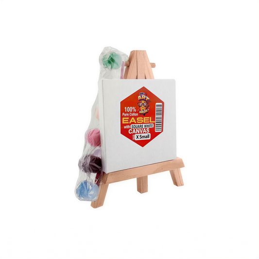 M&G wooden tripod easel with X-Small square white canvas and art supplies, displayed against white background.