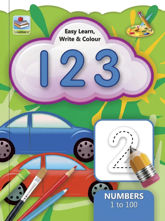 Easy Learn Write Colour 123 Numbers Activity Book cover with colorful cars, art supplies, and numbers displayed on green background