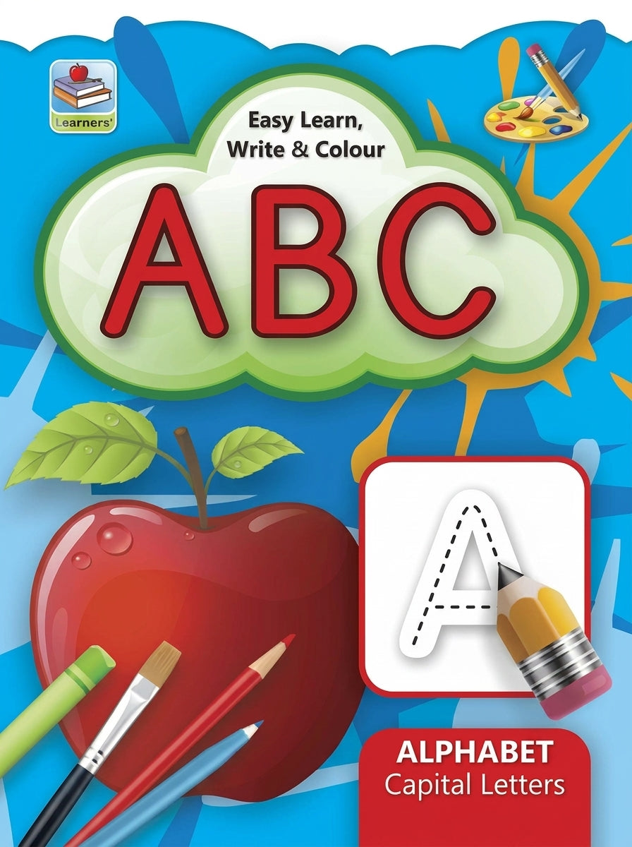 Easy Learn Write Colour ABC book with red capital letters, apple, paintbrushes, and dotted letter A tracing template