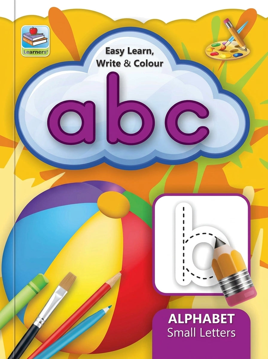 Easy Learn Write & Colour ABC book cover featuring purple lowercase letters 'abc' in cloud shape, colorful art supplies and palette illustration on yellow background