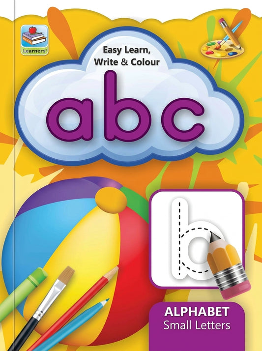 Easy Learn Write & Colour ABC book cover featuring purple lowercase letters 'abc' in cloud shape, colorful art supplies and palette illustration on yellow background