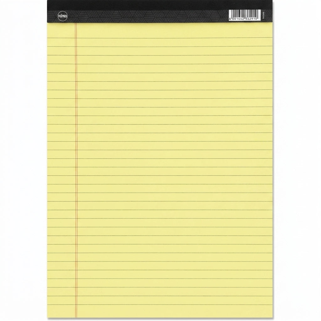 Primo Easy Pads yellow legal-sized ruled notepad with black header and barcode on top