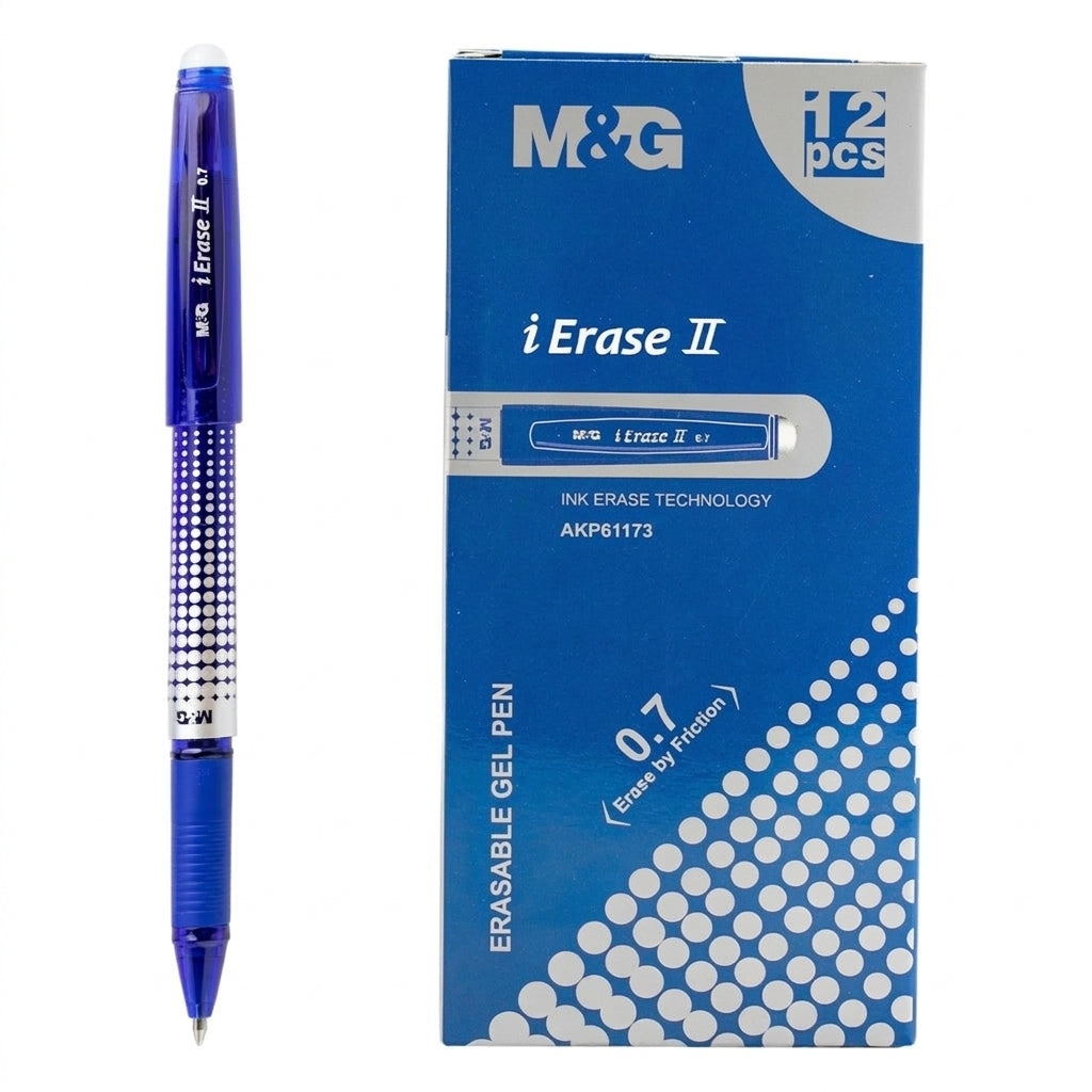 M&G iErase II blue erasable gel pen 0.7mm with textured grip, 12-pack box with ink erase technology