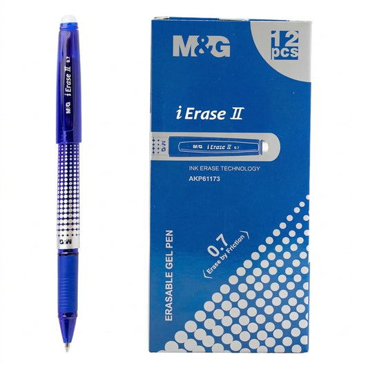 M&G iErase II blue erasable gel pen 0.7mm with textured grip, 12-pack box with ink erase technology