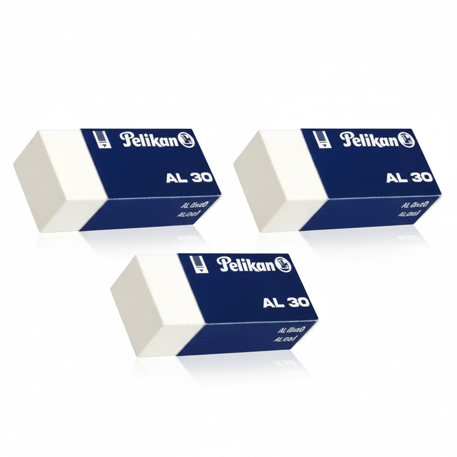 Three Pelikan AL 30 erasers in white and navy blue packaging, displayed in triangular arrangement showing front and side views
