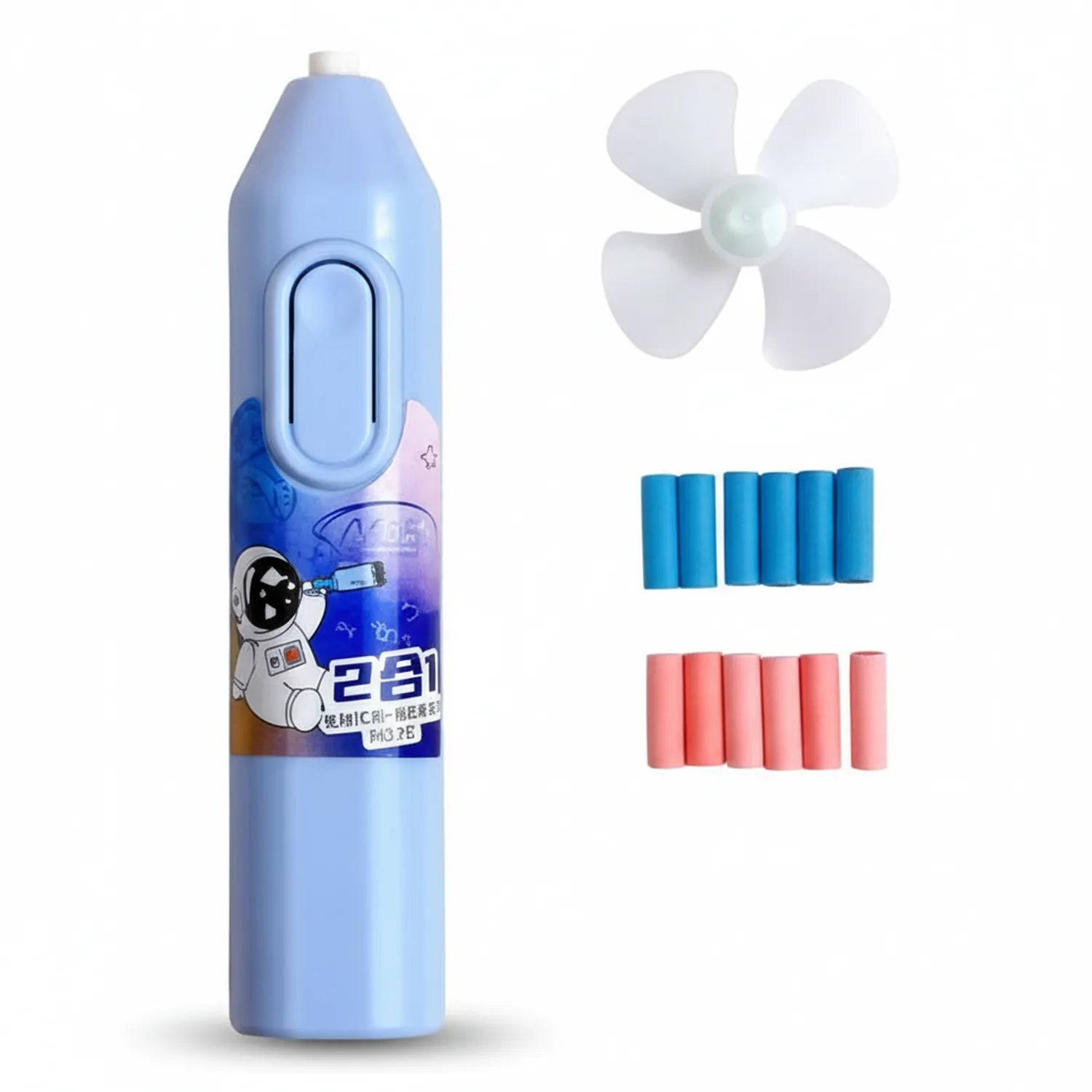 Eraser Electric 100 blue battery-powered eraser with white 4-blade fan brush attachment and 12 replacement eraser tips (6 blue, 6 pink) shown.