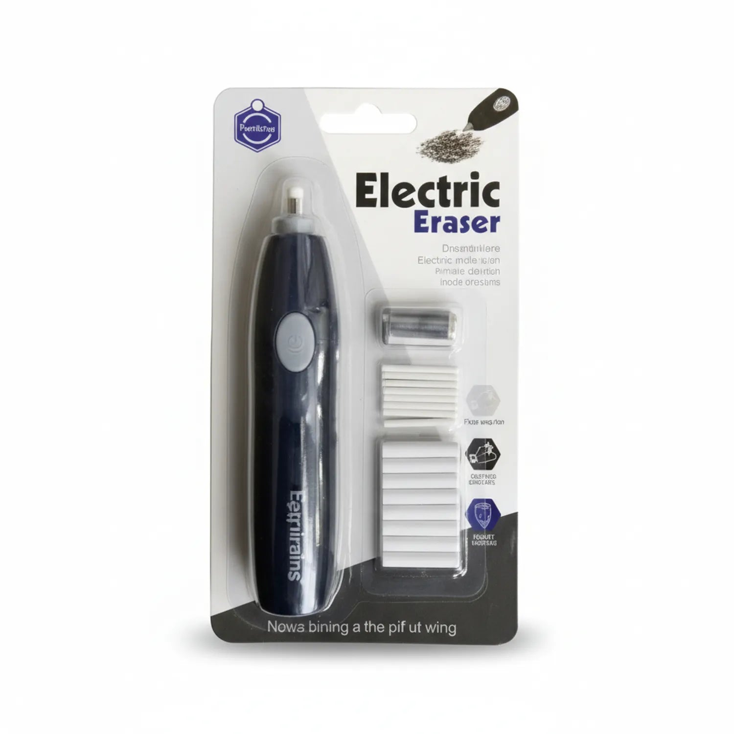 Pennitton Electric Eraser 1003 KS package showing black motorized eraser unit, AAA batteries, and white replacement eraser refill strips on blister card