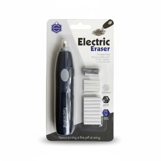 Pennitton Electric Eraser 1003 KS package showing black motorized eraser unit, AAA batteries, and white replacement eraser refill strips on blister card