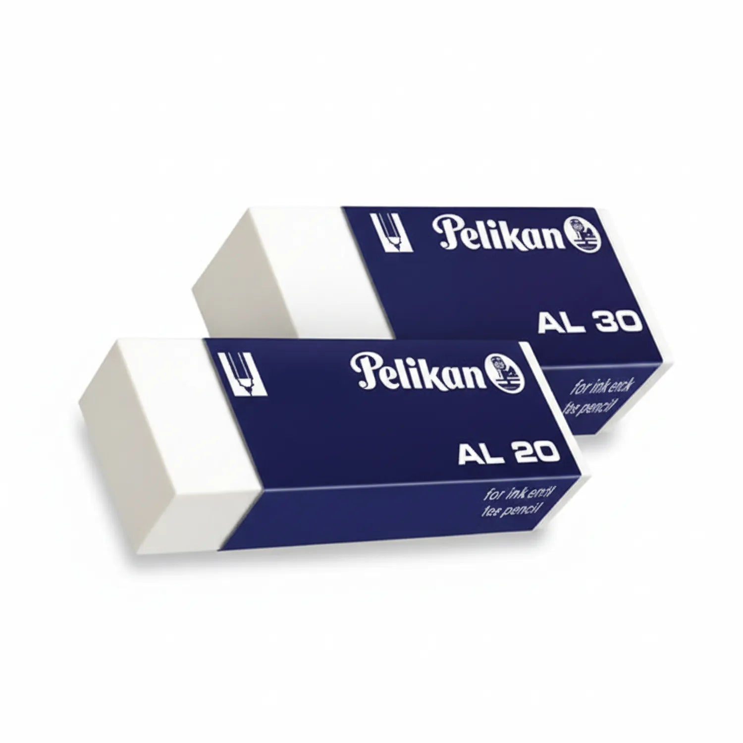 Pelikan AL20 and AL30 white erasers in navy blue packaging, 2-pack shown with erasers displayed against white background