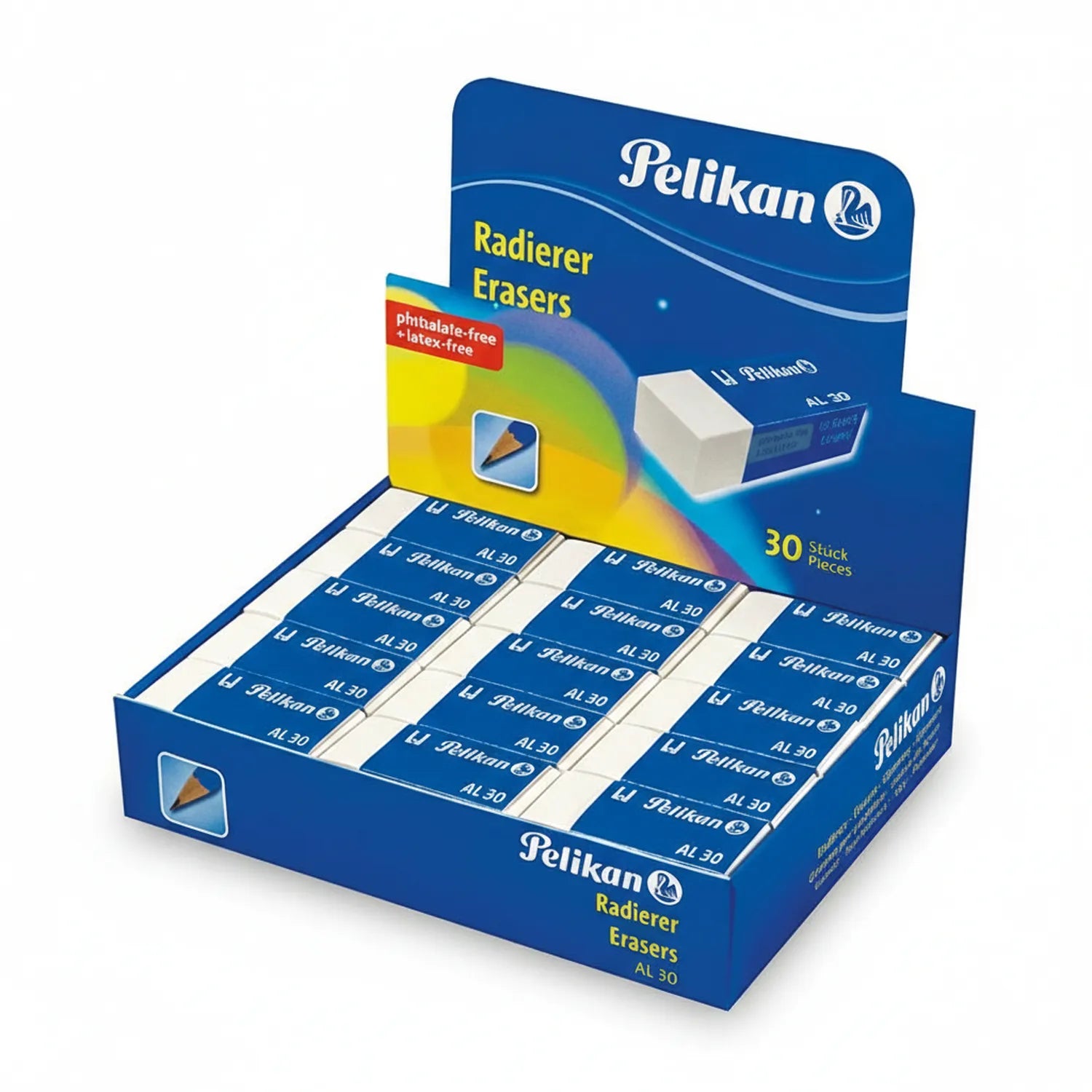 Pelikan Radierer Erasers AL 30 display box containing 30 pieces of white erasers with blue and white individual packaging shown inside open blue retail box.