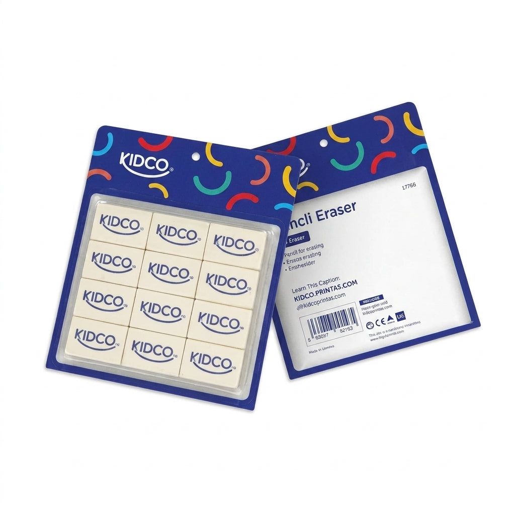 Kidco Pencil Eraser 12-pack in cream color with blue packaging featuring colorful smiling face designs