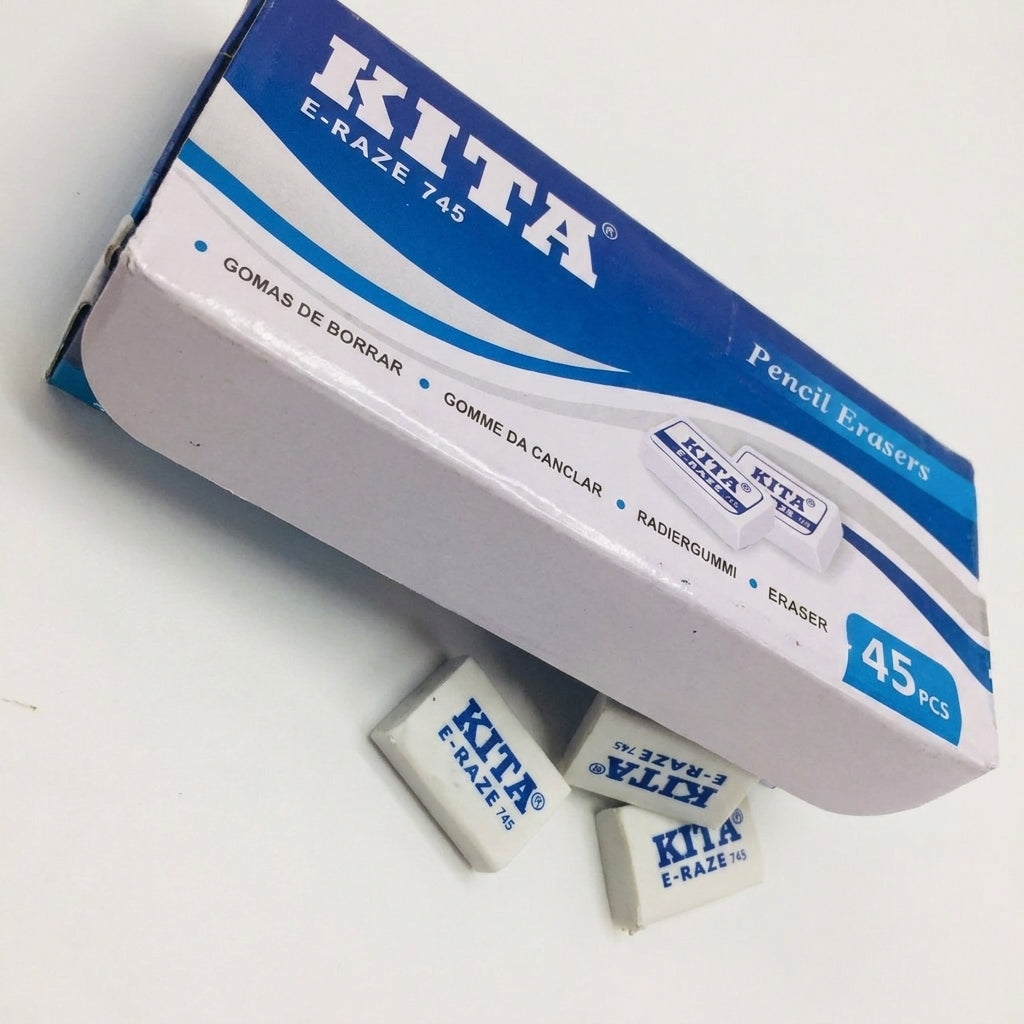 Kita E-Raze 745 white pencil erasers, 45-piece pack in blue and white packaging with three individual erasers displayed