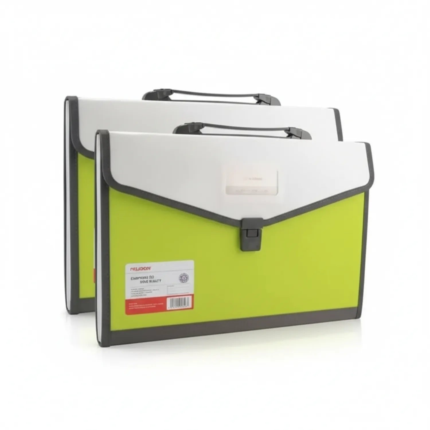 Two lime green A4 expanding bags with white tops, dark gray trim, carrying handles, and label area. Pack of 2 document organizers.
