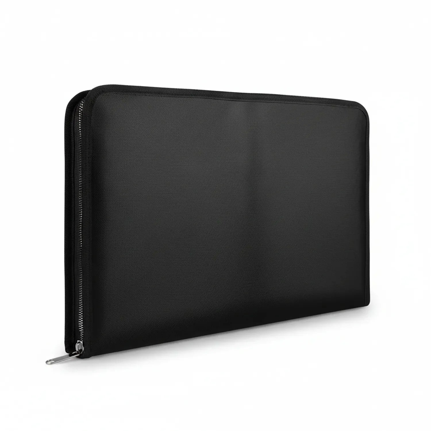 Black expanding bag with full-length zipper closure, legal-sized document organizer with durable textured exterior and silver metal hardware