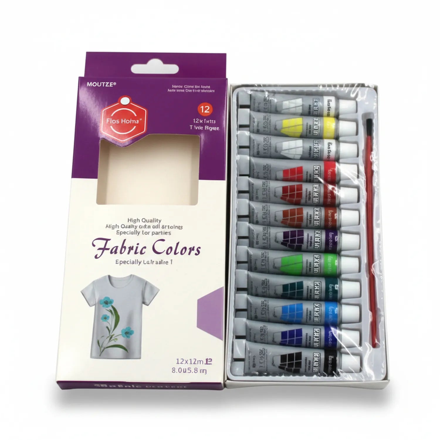 Moutze Fabric Colors 12-piece paint set with 12x12ml tubes in assorted colors including red, blue, green, yellow, purple, black, and white with brush included
