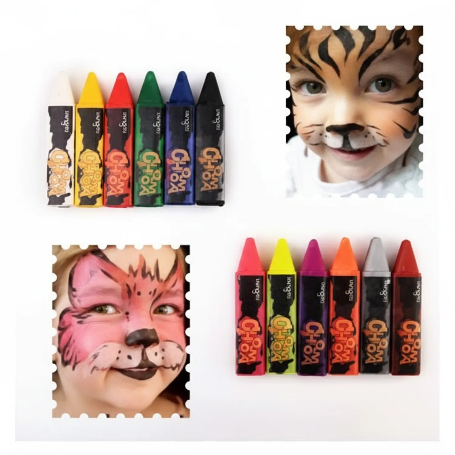 Cra-Z-Art Face Paint Crayon set showing 12 twist-up crayons in assorted colors with product packaging and child face paint examples