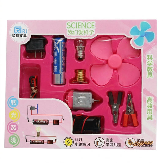 Pink RJ Science Education Kit with motors, bulbs, batteries, switches, wires and propeller fan components in organized display tray