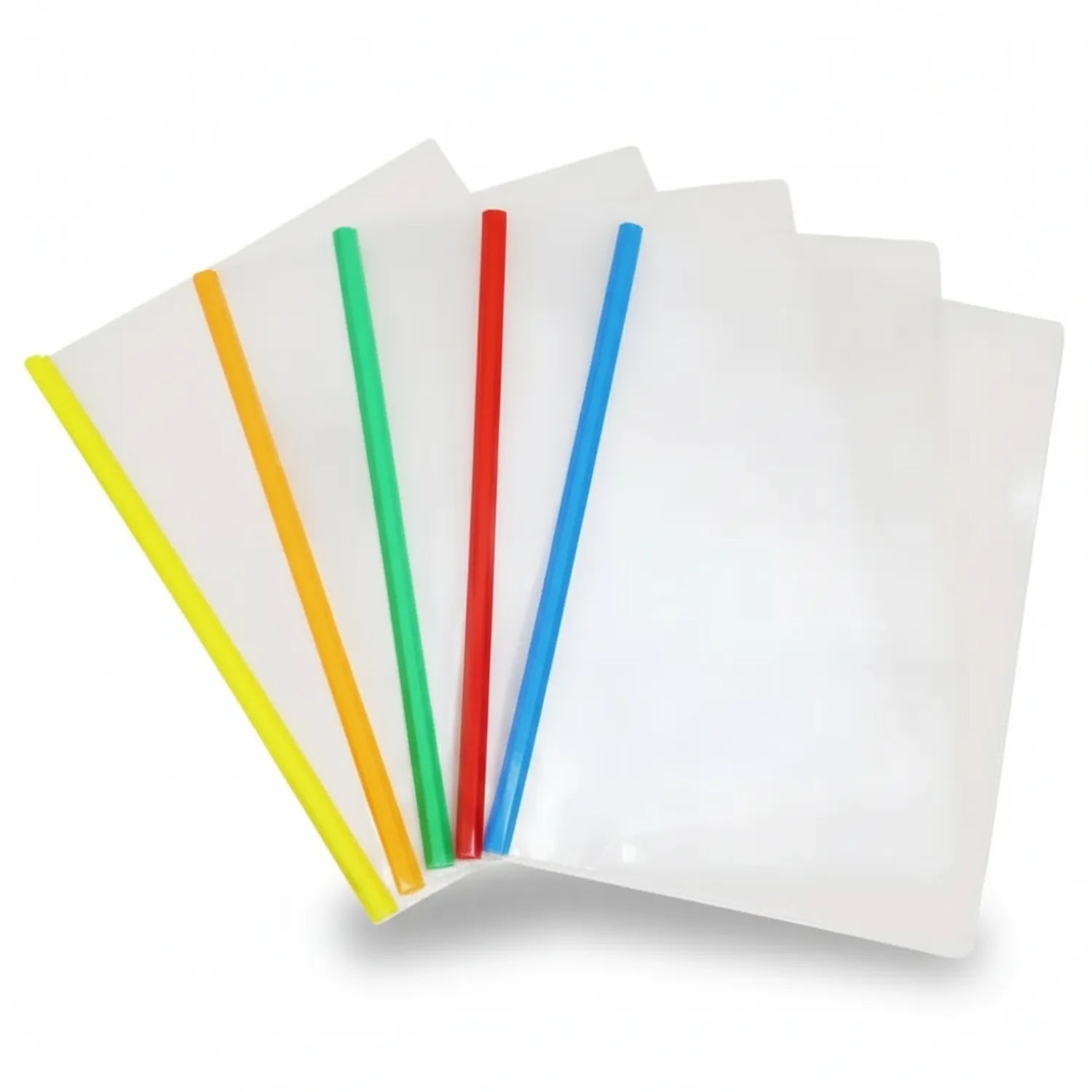 File Bar A4 set of 5 transparent plastic folders with colored spine bars in yellow, orange, green, red, and blue arranged in a fan display