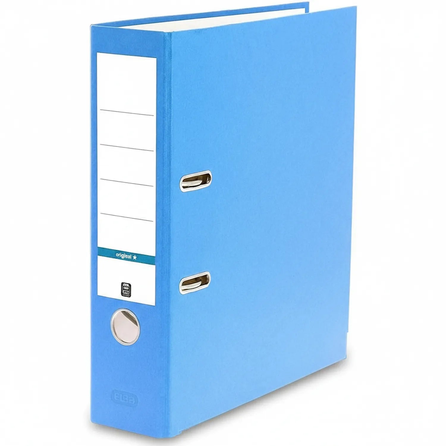 Esselte File Box 556 bright blue lever arch file organizer with dual metal lever mechanisms and brass hardware, shown at an angle