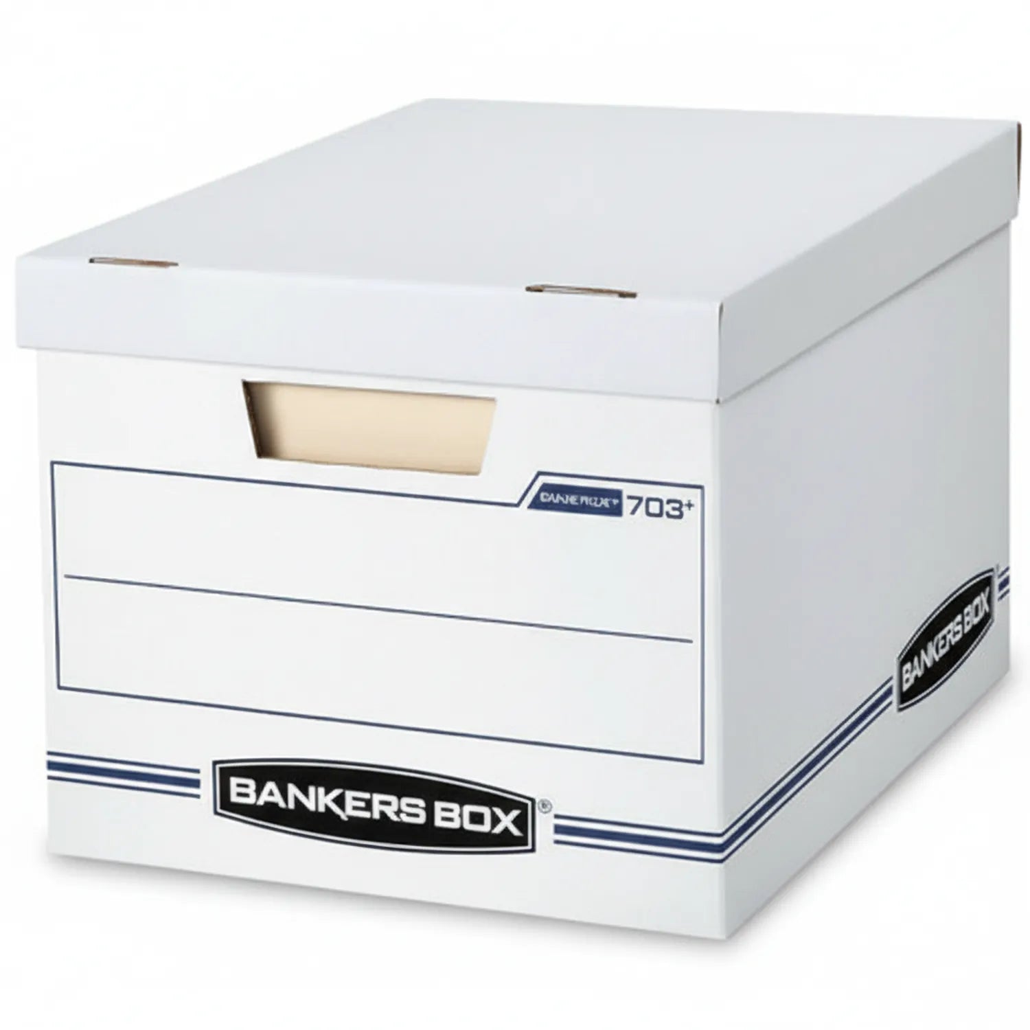 White Bankers Box File Box 703+ with blue branding, removable lid, handle cutout, and blank label area on front panel
