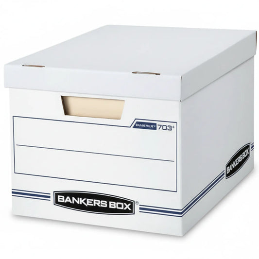 White Bankers Box File Box 703+ with blue branding, removable lid, handle cutout, and blank label area on front panel